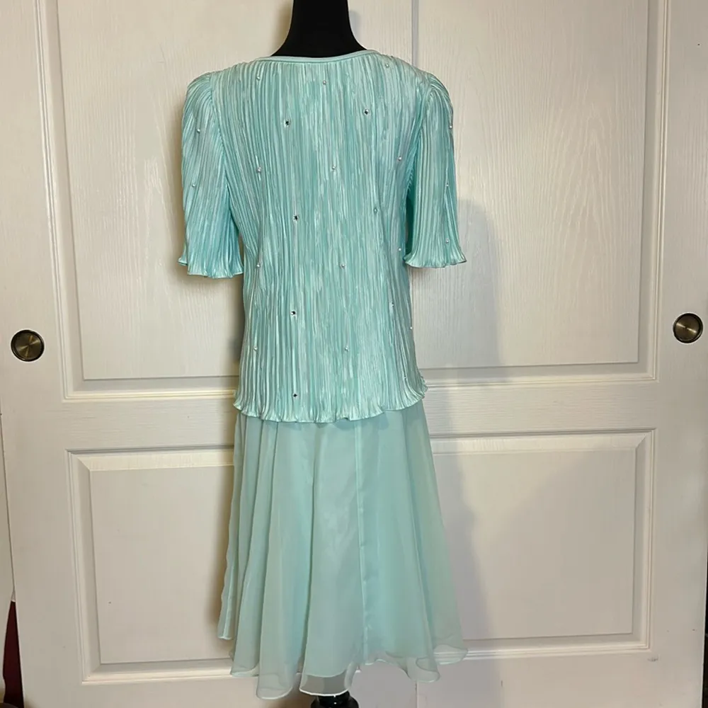 VTG TIFFANY BLUE PLEATED RHINESTONE DRESS - Image 2