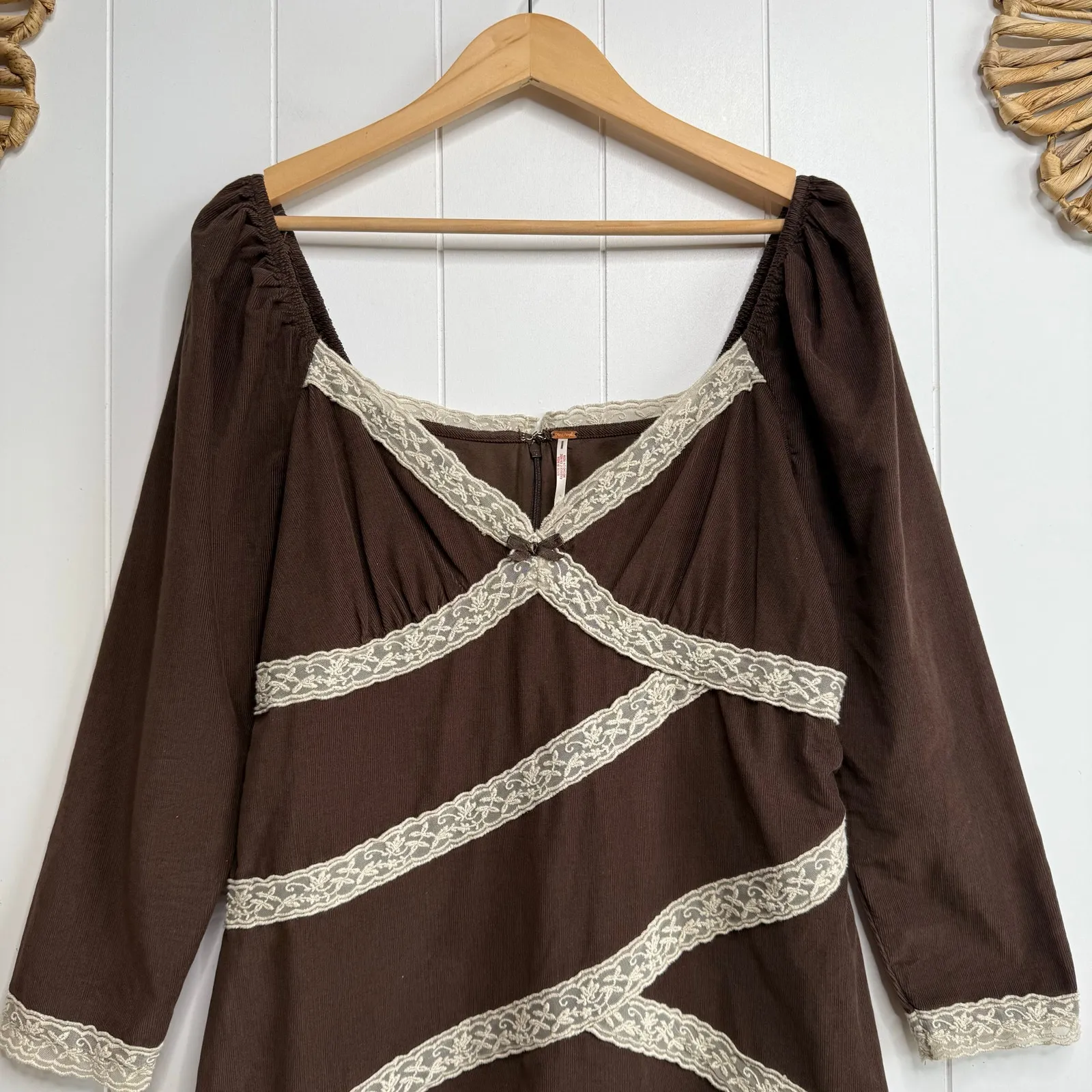 Free People mini dress floral lace sweetheart neck corduroy cotton XS - Image 2