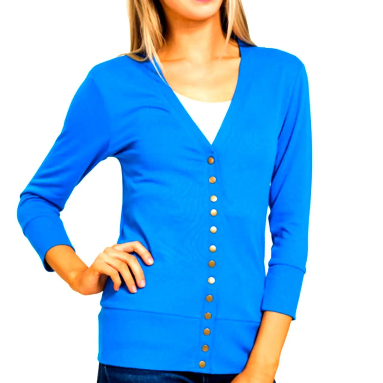 🆕 Womens M Medium Bright Blue Cardigan Snap Sweater V-Neck Slim Fit Lightweight - Image 2