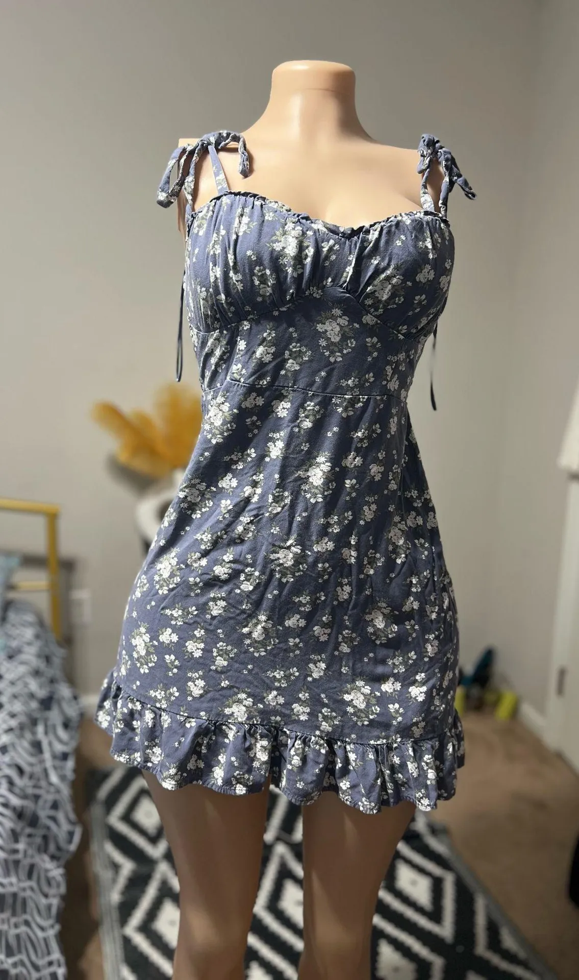Blue floral mini dress with adjustable straps and ruffled hem #holidaydress - Image 2