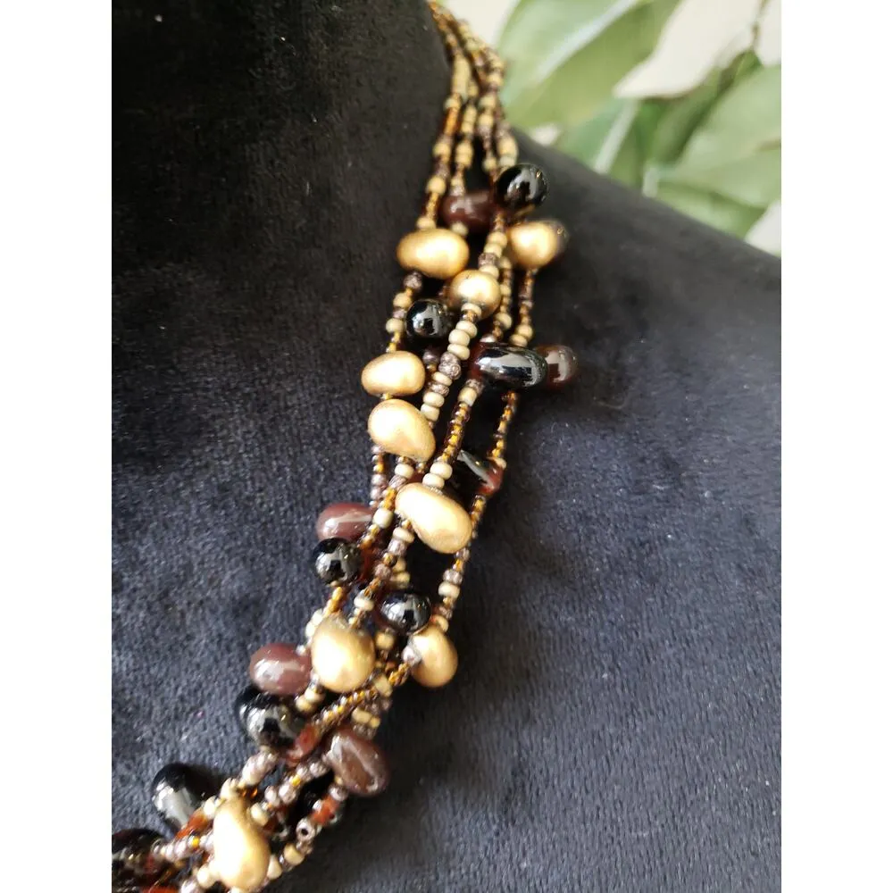 Women Fashion Boho Layered Chunky Multi Biwa Pearls Seed Beaded Necklace Jewelry Gold - Image 4