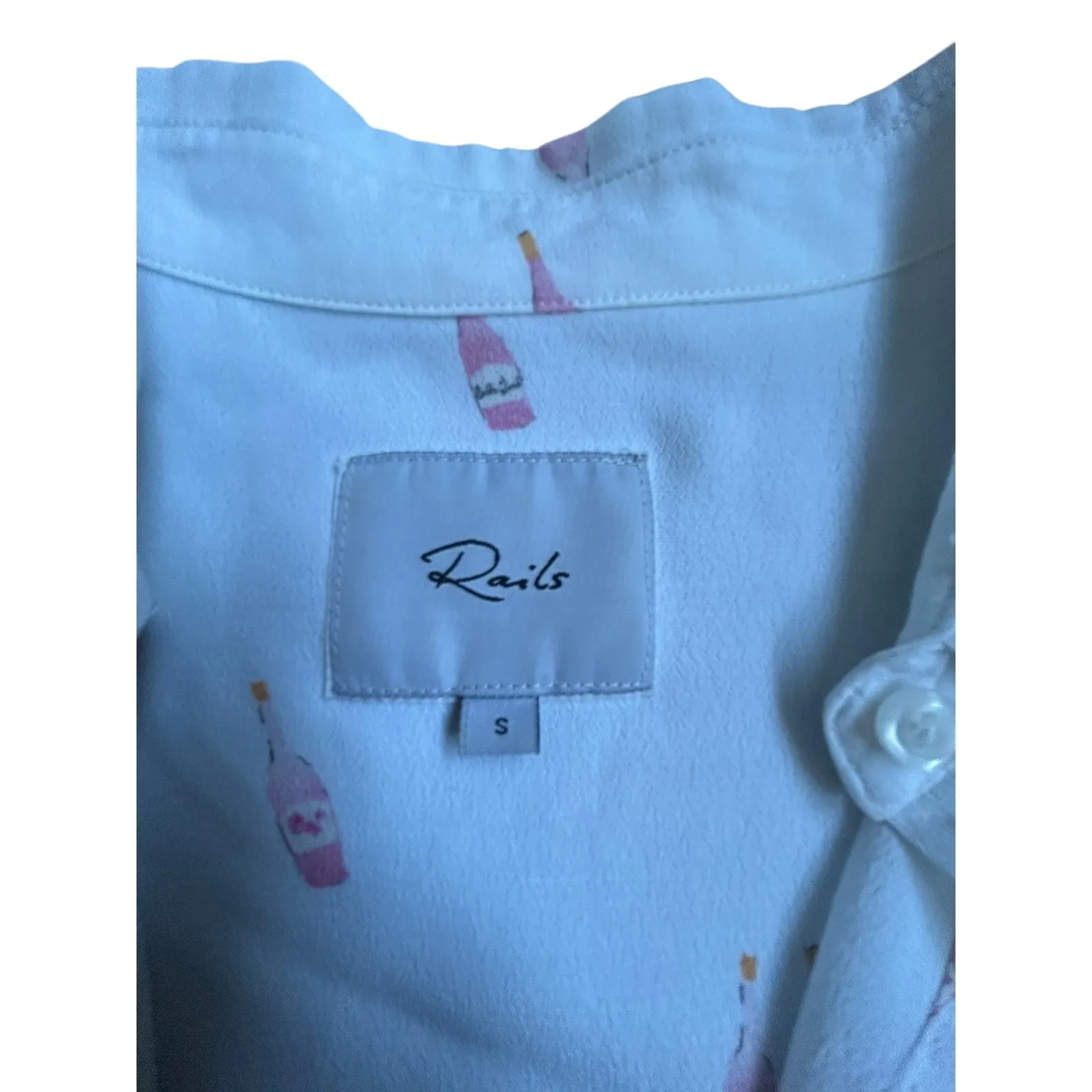 Rails Whitney White Short Sleeve Button Down Shirt Champagne Bottle Print Size S - Image 5