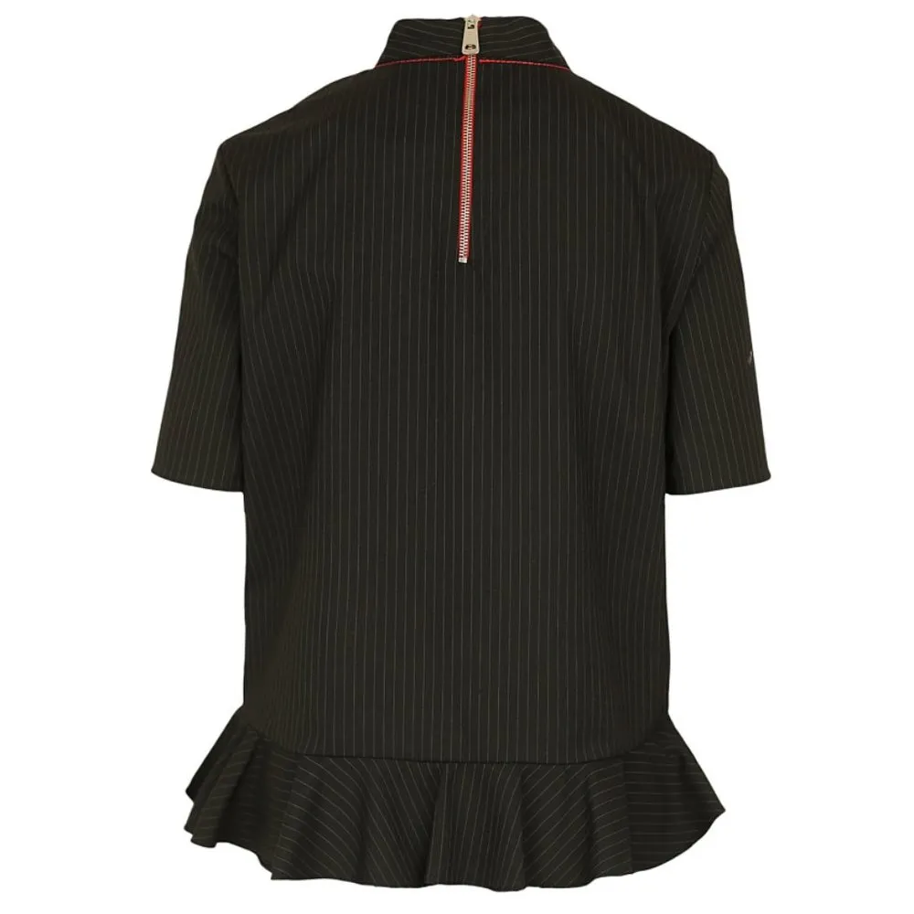 Zara Pinstriped Frilled Top Ruffle Striped High Mock Neck Peplum Back Zip Blouse - Image 7