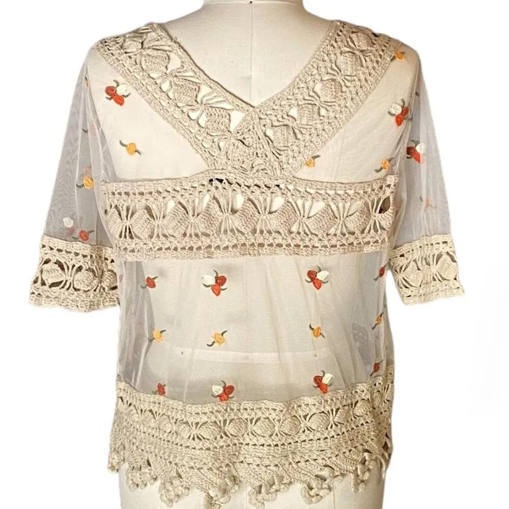 HOUSE OF HARLOW 1960 Bohemian Revolve Sheer Crochet Beige Boho Blouse ~ SMALL Tan - Image 3