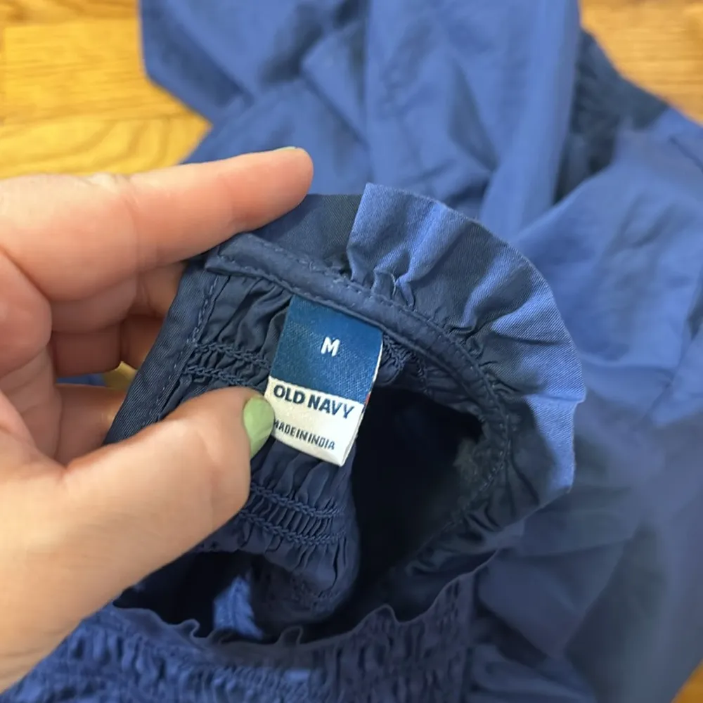 Old Navy Blue Ruffle Smocked High Neck Cut out Cotton Midi Dress Womens Medium - Image 10