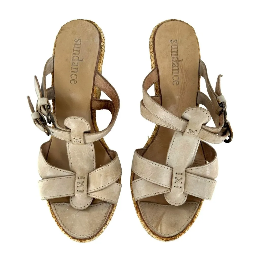 Sundance Beige Leather Open Toe Woven Wedge Heel Slides Size 38 Sandals Tan - Image 3