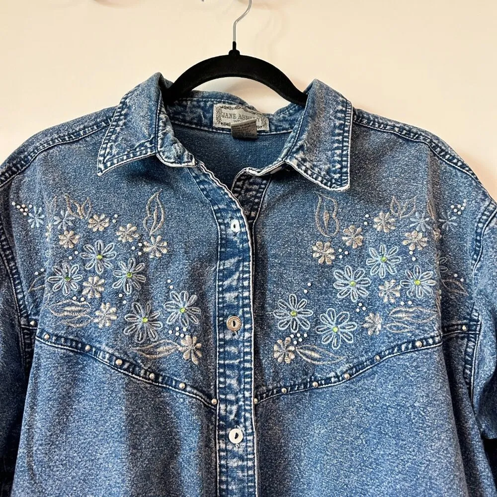 Jane Ashley Women's Vintage Style Floral Embroidered Denim Jacket Plus Size 1X - Image 2