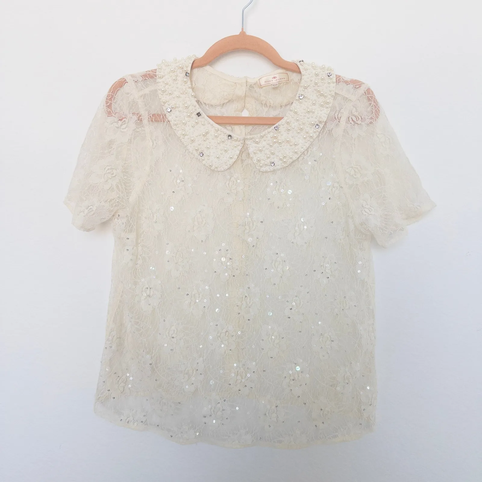River Island Womens Top Size S Ivory Lace Sheer Pearl‎ Collar Coquette Blouse - Image 2