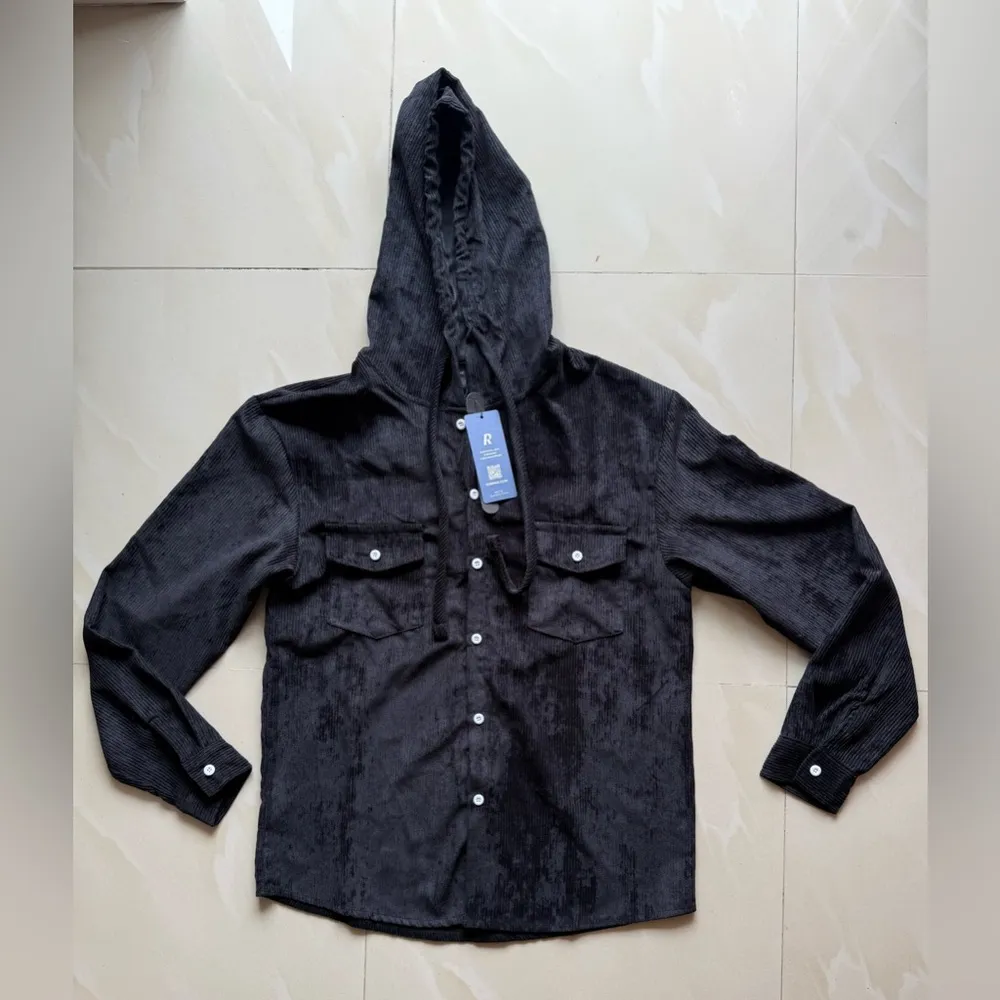 Romwe Black black  hooded Button Up Shirt Jacket Shacket Sz M  full button - Image 16