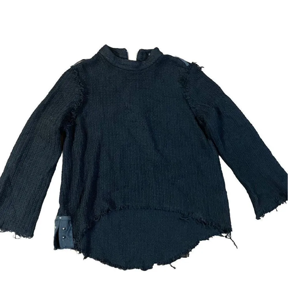 ZARA Basics Black High Neck Long Bell Sleeve with Raw Hems & Top Stud Detail swe - Image 3