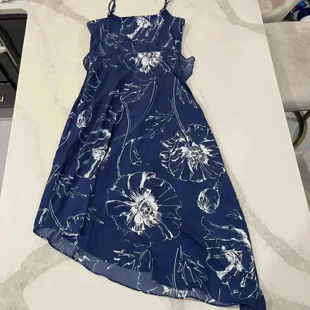 Banana Republic Blue Asymmetrical Hem Ruffle Midi Dress Floral Printed Women’s 4 - Image 6