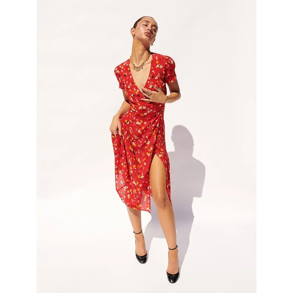 Realisation Par The Teale‎ in Rouge Fleur 100% Silk Midi Wrap Dress Size XXS - Image 3