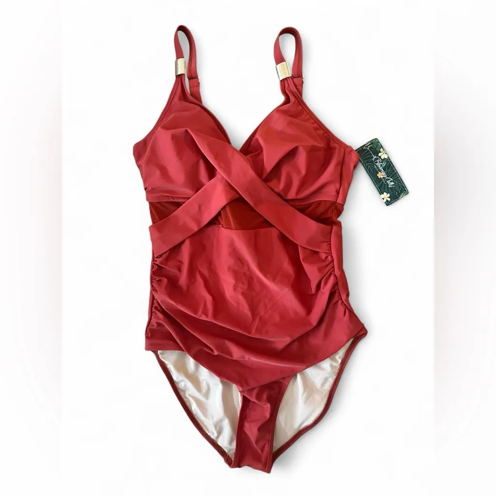Rust Red one piece swimsuit with crisscross back gold hardware mesh detail NWT Size M - Image 4