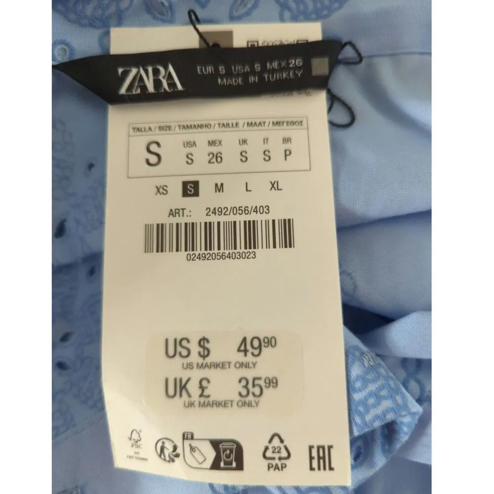 Zara Blue Button-Up Shirt Women's Small Embroidered Eyelet Cotton Preppy Top NWT - Image 8