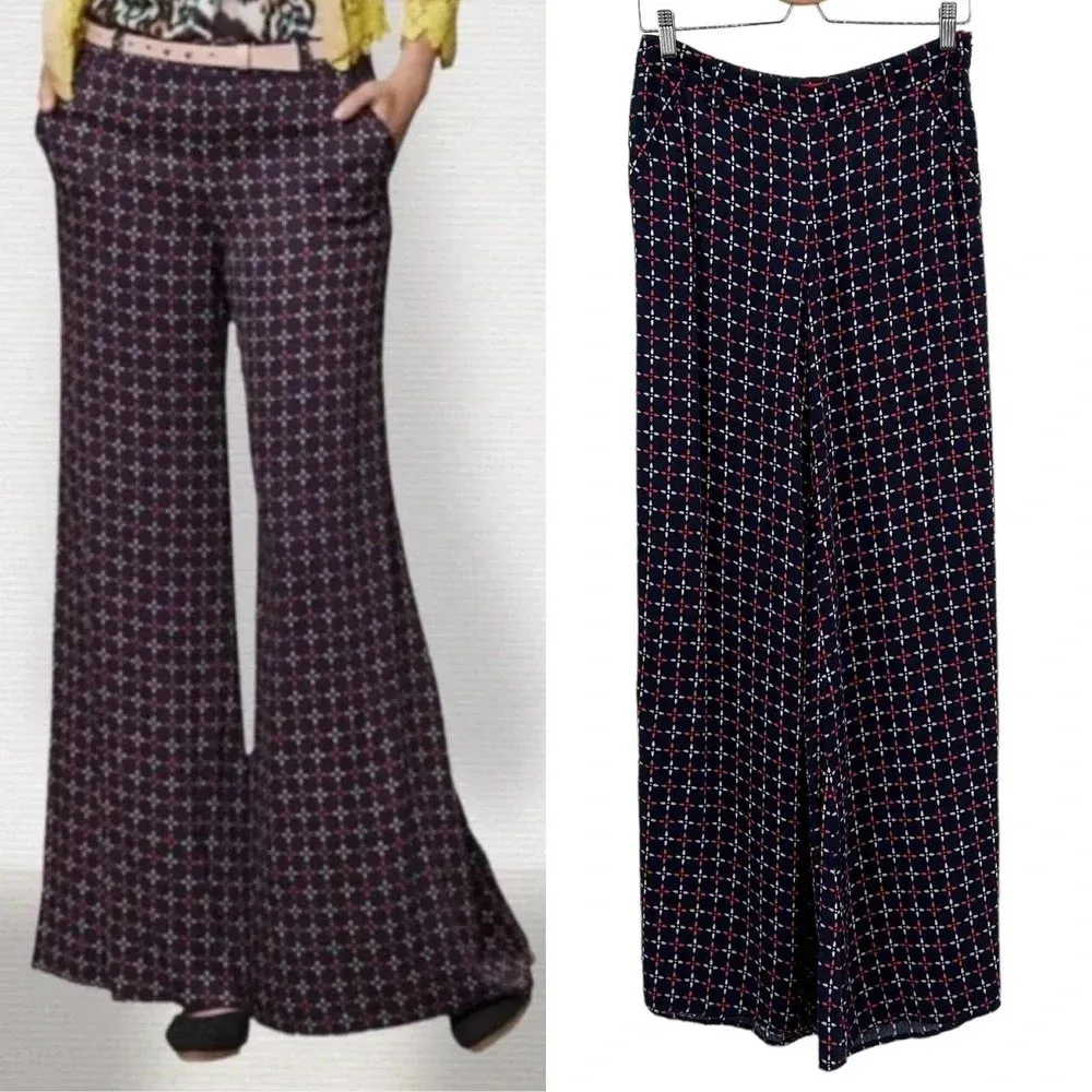 Anthropologie Cartonnier Pants Geometric‎ Print Wide Leg Rayon Navy Blue Size 4 - Image 2