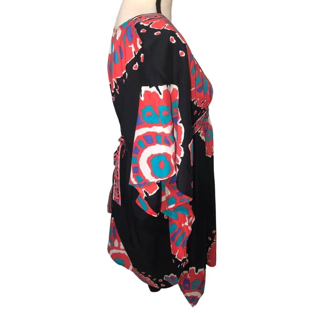 Trina Turk Yucateca Tunic Swim Cover Dress Size S Black Red Multi Short Caftan - Image 6