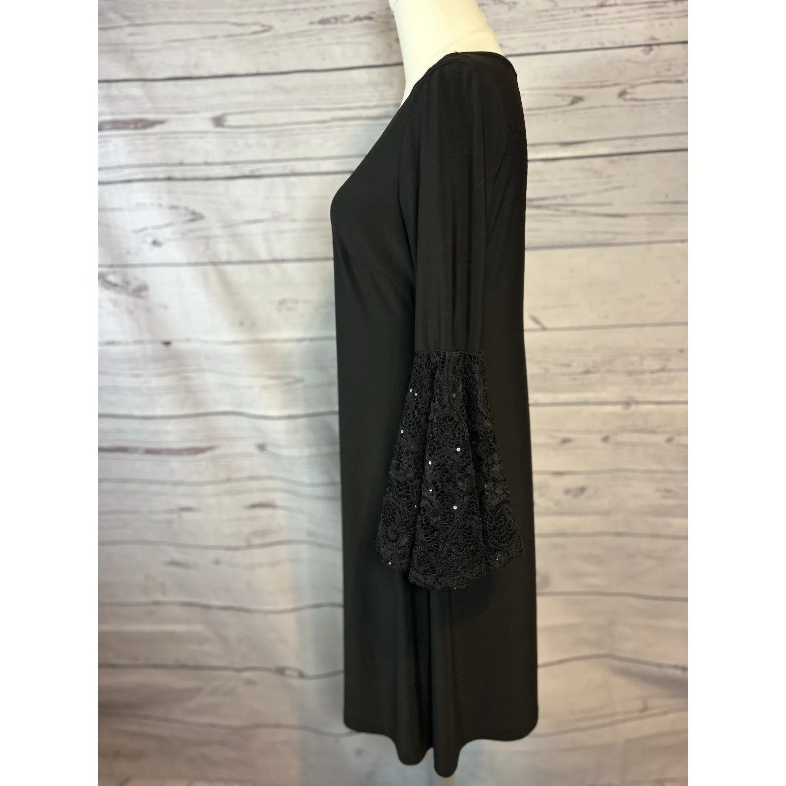 R&M Richards Black Lace Sequin Bell Sleeve Midi Dress Size 6 Gothic Cocktail - Image 3