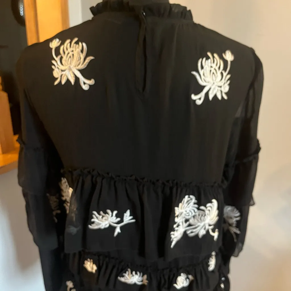 Zara Black Sheer Ruffled Floral Embrodiered Tiered Top‎ Blouse Size S - Image 3