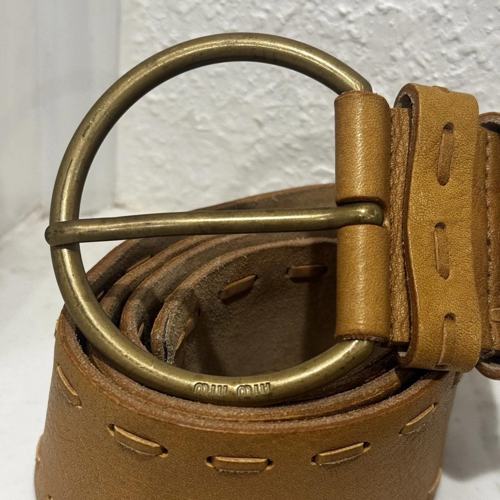 Miu Miu Brown Genuine Leather Designer Belt Made in Italy Womens 32 Brass Buckle - Image 2