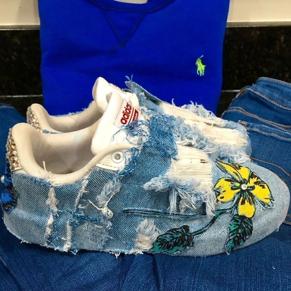 CUSTOM DISTRESSED ADIDAS! Seriously destroyed distressing, crystal bling! Blue Size 6 - Image 2