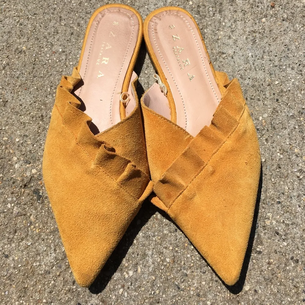 Zara Leather Yellow Mules with Frill - Image 5