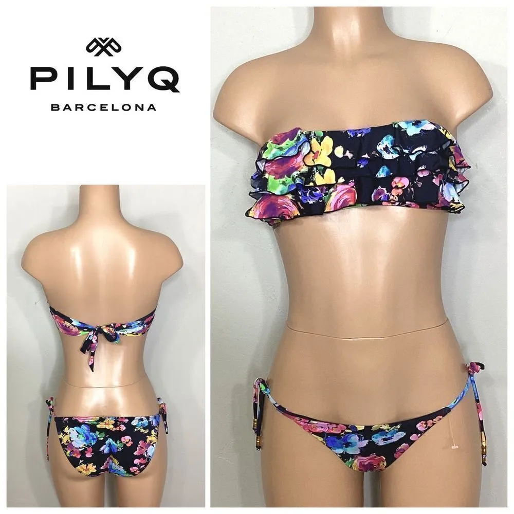 New. Pilyq floral ruffle and string bandeau bikini. - Image 2