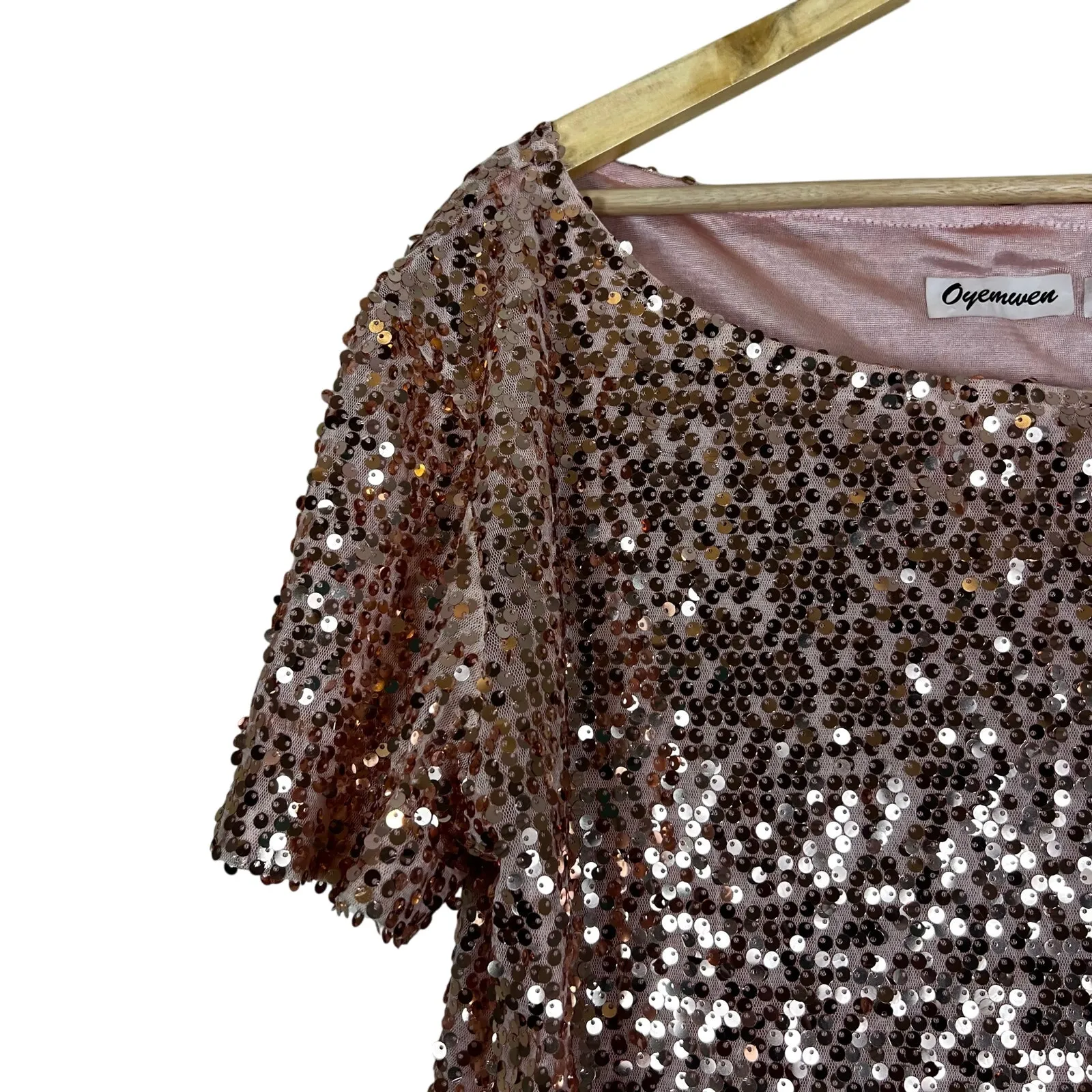 Oyemwen Sequin Blouse Womens L Pink Boxy Maximalist Disco Festival Coquette Size L - Image 2