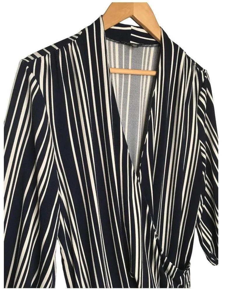 Adrianna Papell Faux Wrap Striped V Neck Career Blouse Blue L - Image 5
