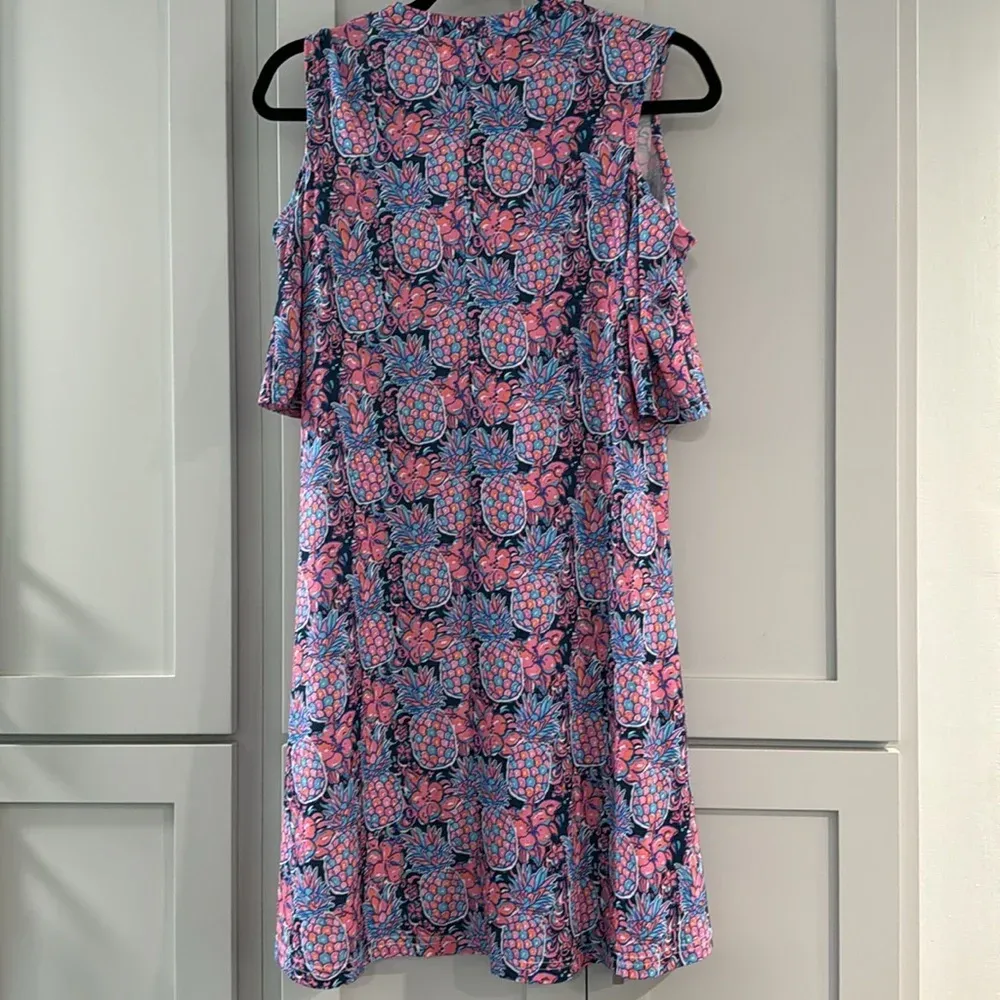 Simply Southern Pink Blue Pineapple Print Cold Shoulder A-Line Dress w/‎ Pockets - Image 7