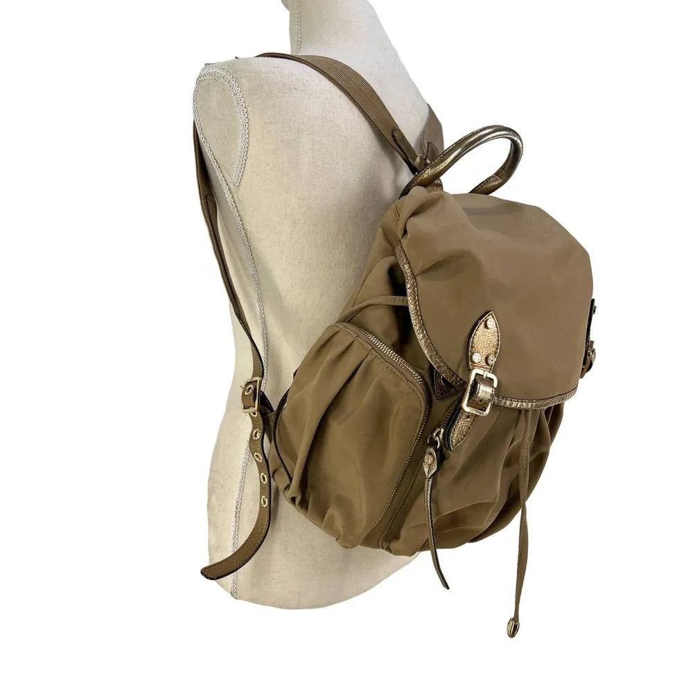 MZ Wallace Marlena Bedford Nylon Drawstring Backpack Tan Metallic Leather Trim - Image 2