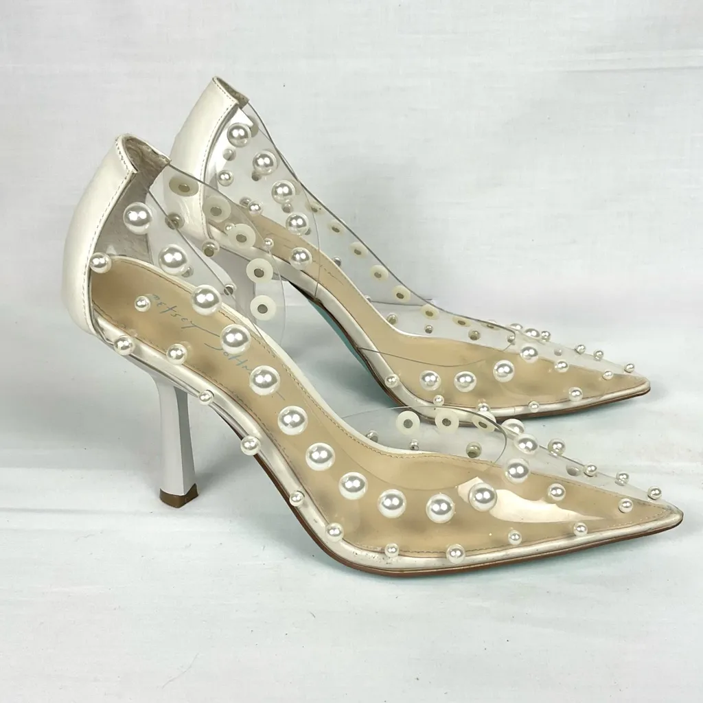 Betsey Johnson Halo Pump Clear Heels with Pearl Embellishments Sz 11 Party - Image 4