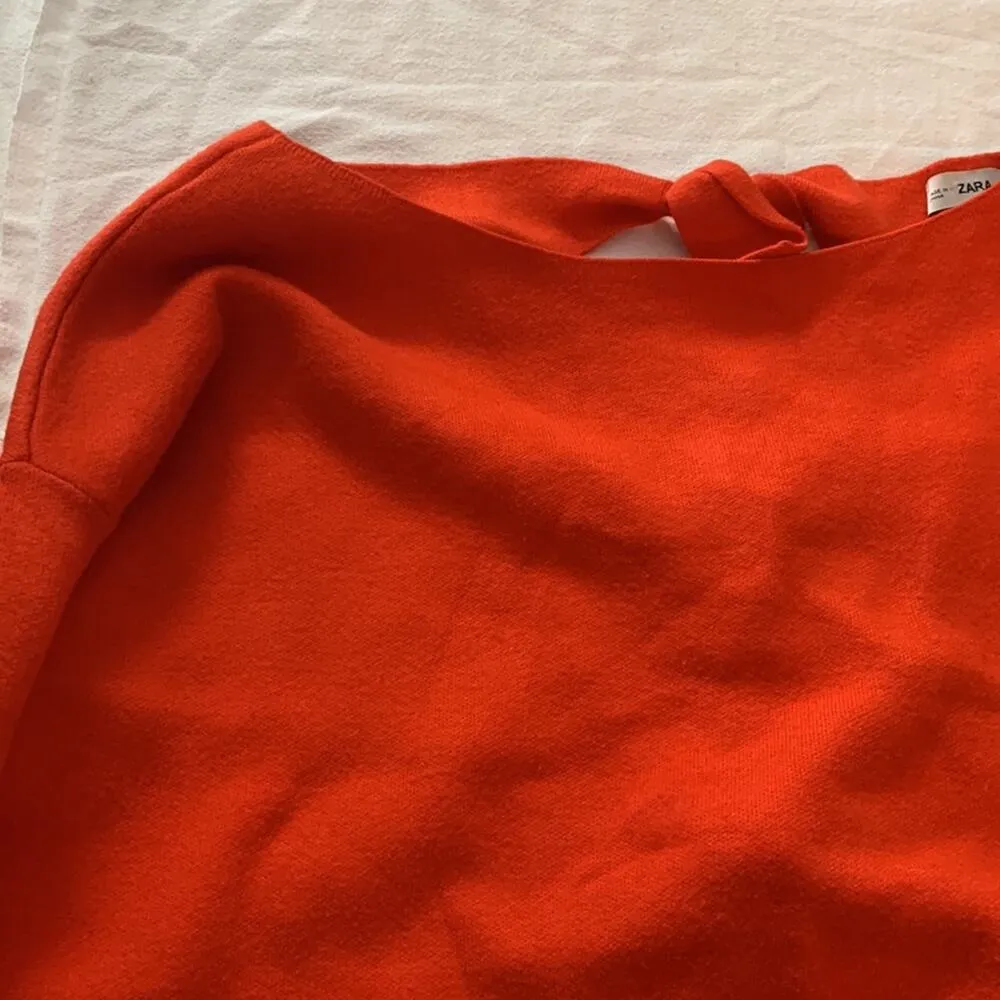 Zara Knit tie back crop sweater womens medium orange tangerine casual cute trav - Image 4