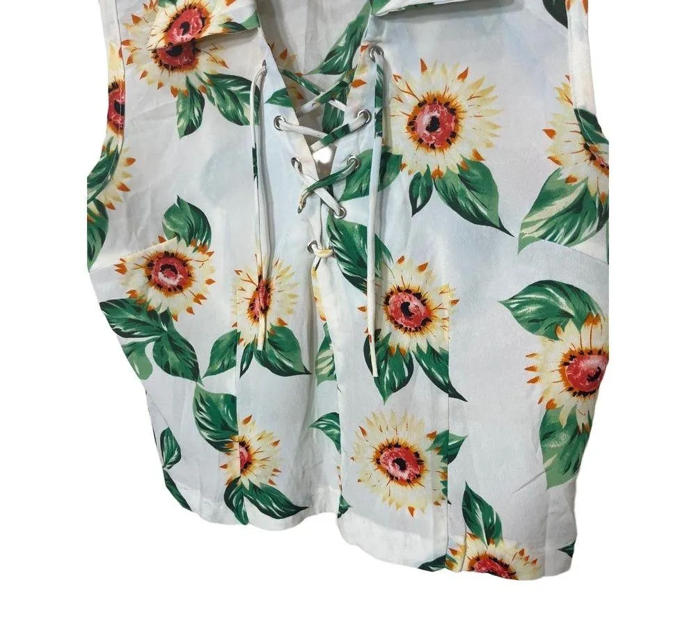Miss California Sunflower Print Lace Up Front Collared Sleeveless Crop Top Large Yellow - Image 3