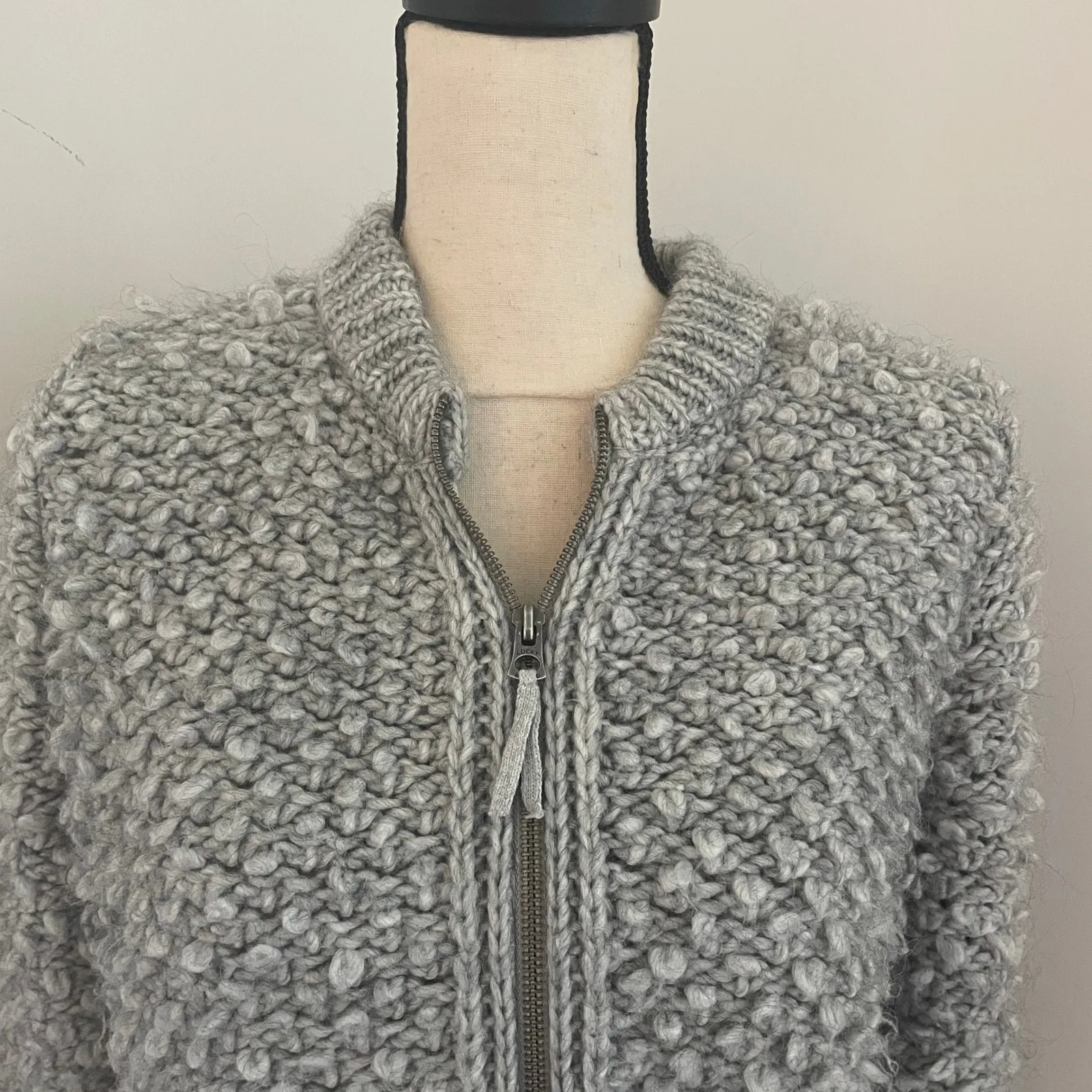 Lucky Brand Chunky‎ Knit Gray Sweater Medium Textured Zip Up Jacket Y2K Grandpa - Image 9