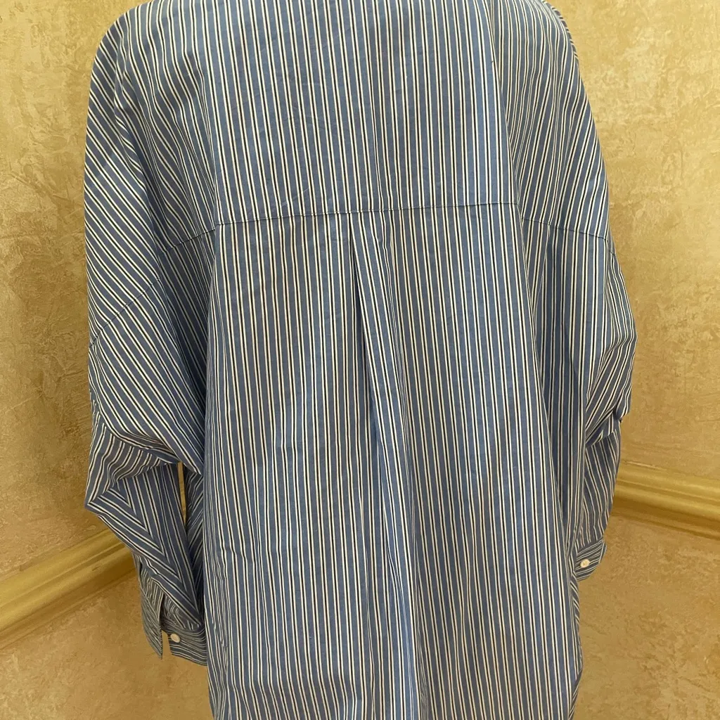 French Connection Rhodes High-Low Striped Top Cotton Shirt Blue White Sz Medium - Image 10