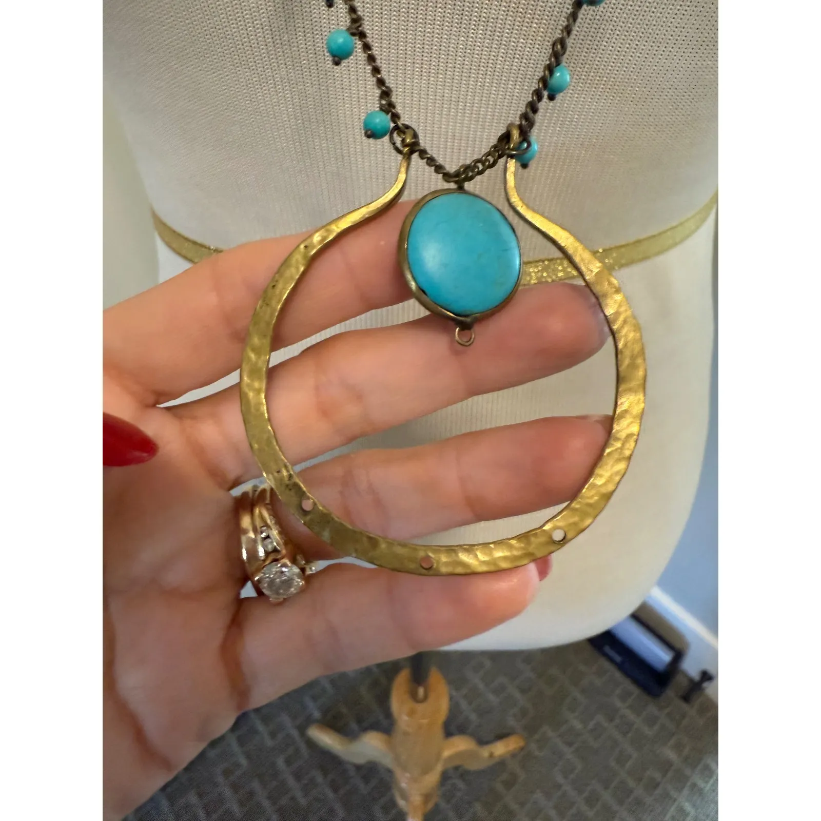 Lena‎ LeMevard Bronze Tone Turquoise Beads Long Circle Pendant Necklace Blue - Image 2