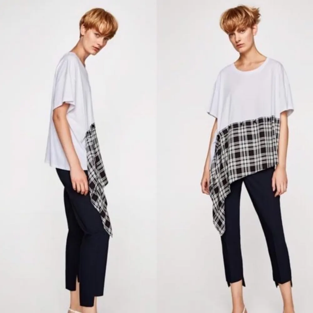 Zara White Asymmetrical Checkered Blouse Size: S - Image 2