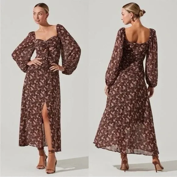 ASTR The Label Brown Floral Ruched Maxi Dress Puff Sleeve Romantic Small NWT - Image 2