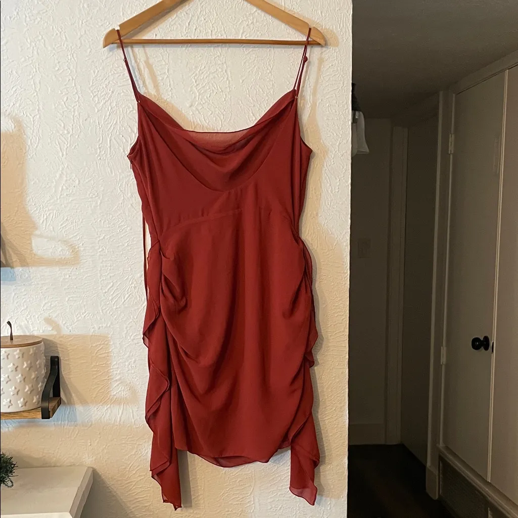 NWT Oh Polly Cowl Neck Backless Waterfall Skirt Mini Dress in Red Size 6 - Image 5