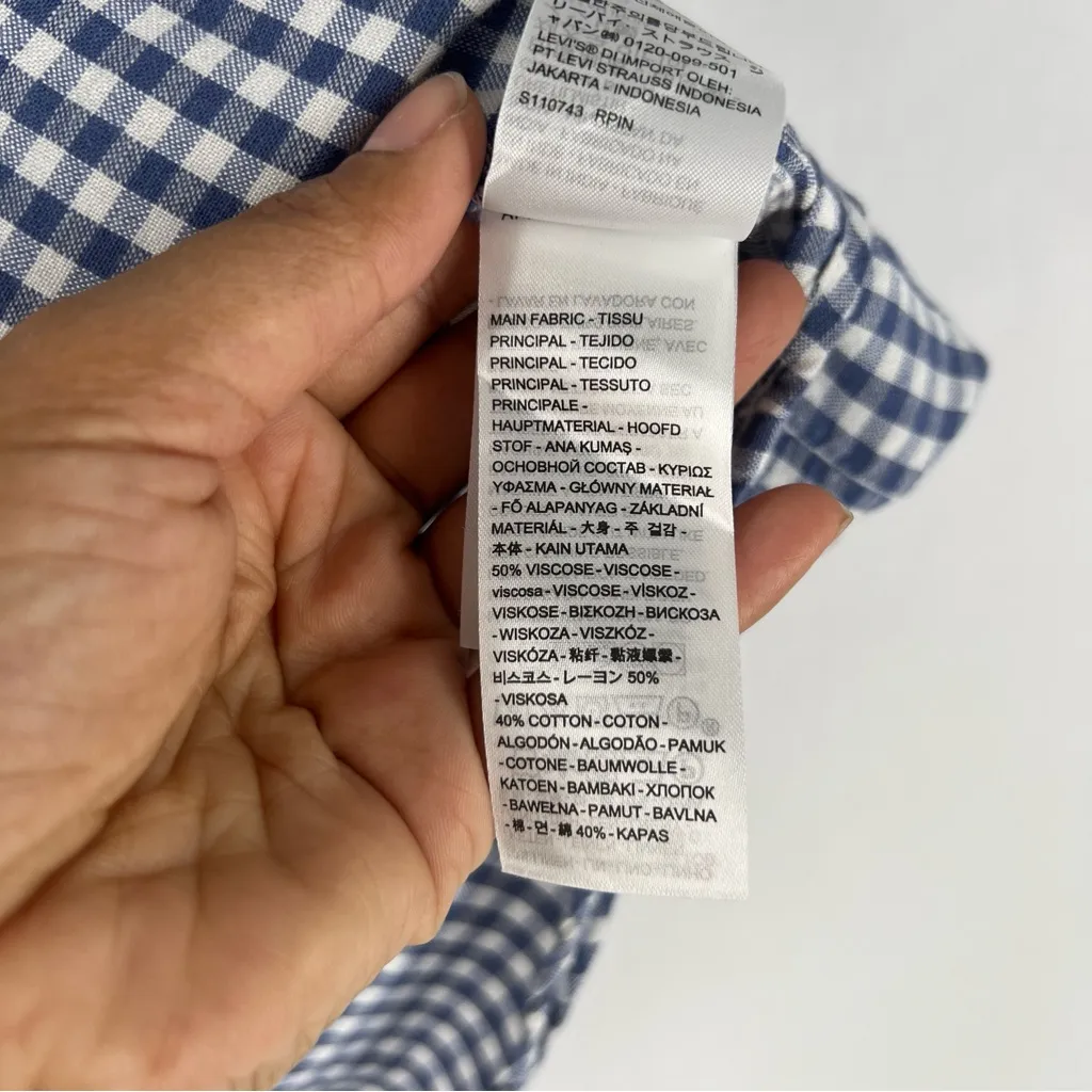 Levi's Blue‎ Gingham Checkered Boxy Cap Sleeve Mandarin Collar Top Size L - Image 7