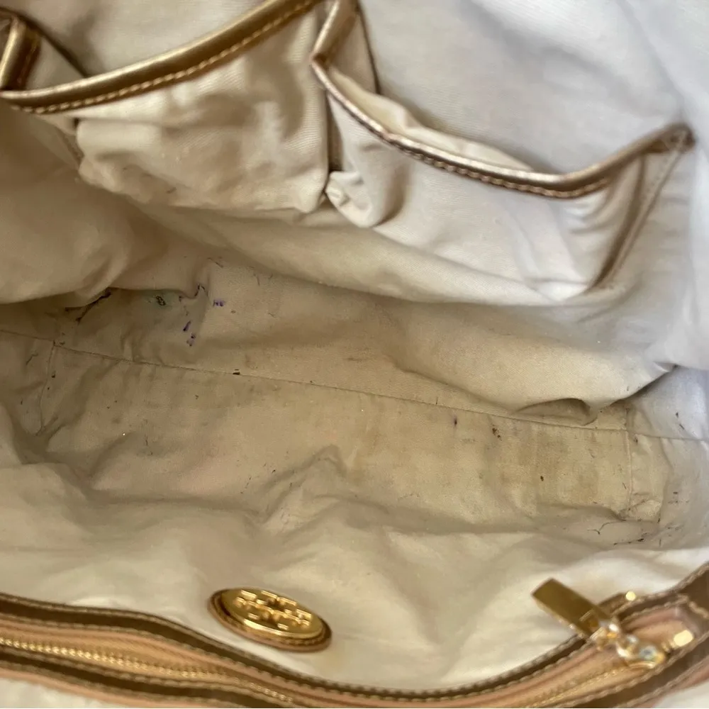 Tory Burch Robinson Gold Metallic Saffiano Mirror Tote Purse - Image 9