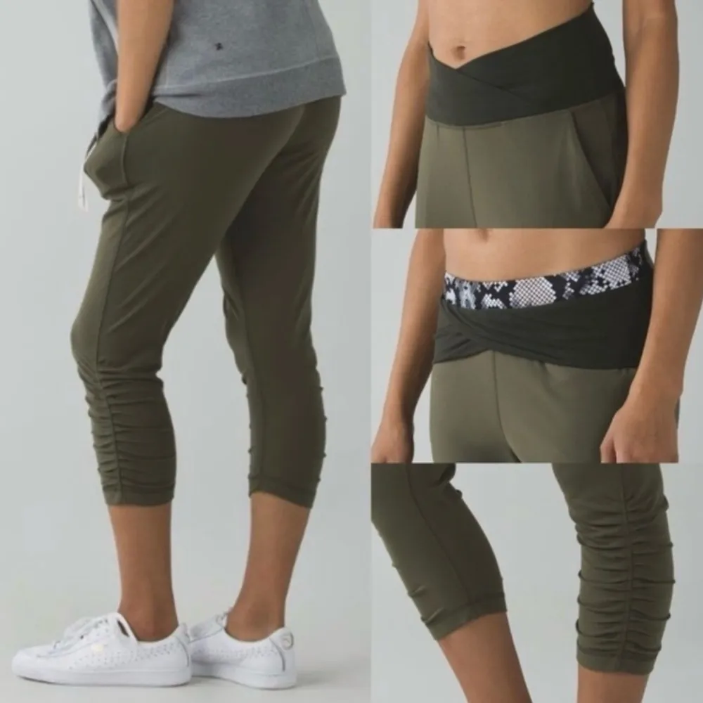 Lululemon sunset salutation crop size 6 olive green fold over waistband - Image 4