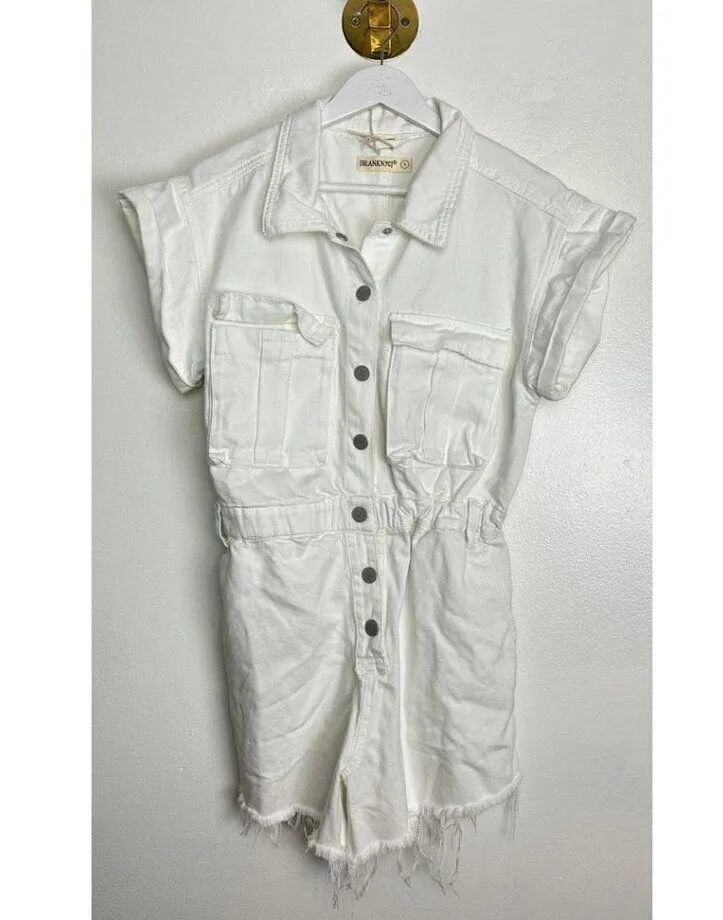 BLANKNYC Denim Raw Hem Romper in Wash Club Soda Size Small - Image 3