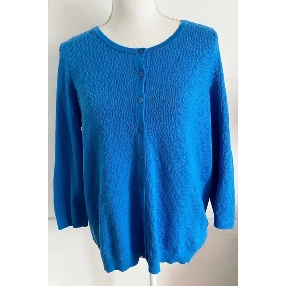 Talbots • Blue Textured Eyelet Button Front Cardigan Petite - Image 2