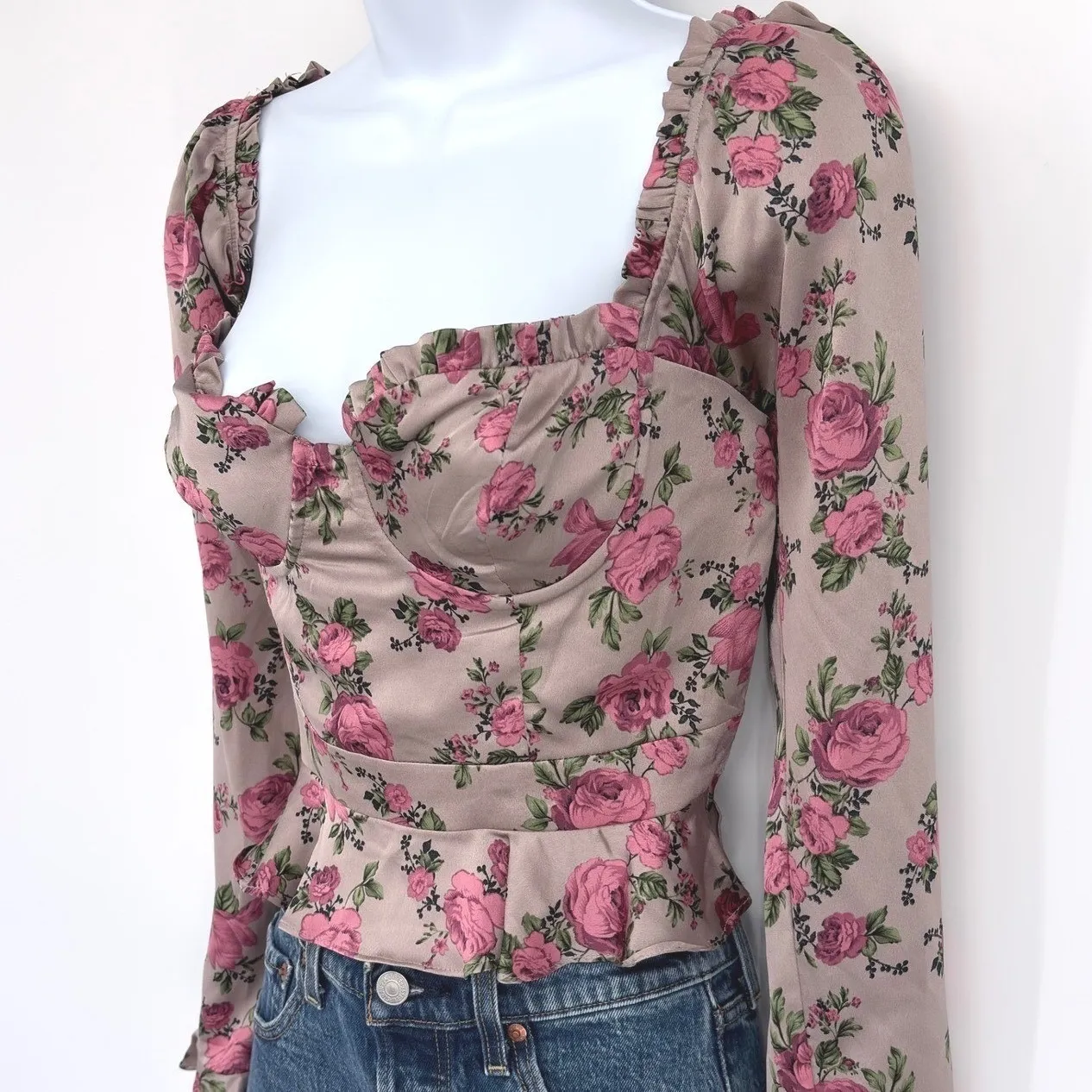 ASTR The Label Floral Corset Top SM Taupe Pink Puff Sleeve Romantic Cottagecore Tan - Image 2