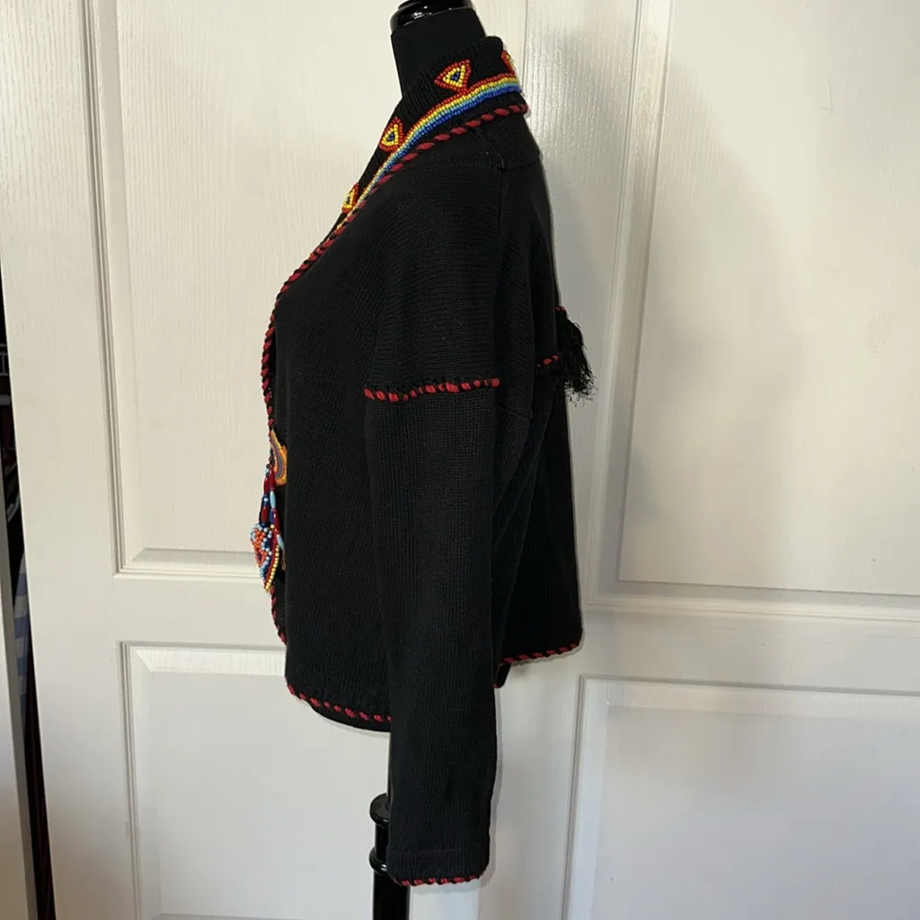 VTG NATIVE AMERICAN HAND BEADED COLORFUL GEOMETRIC CARDIGAN ARROWHEAD Black - Image 5