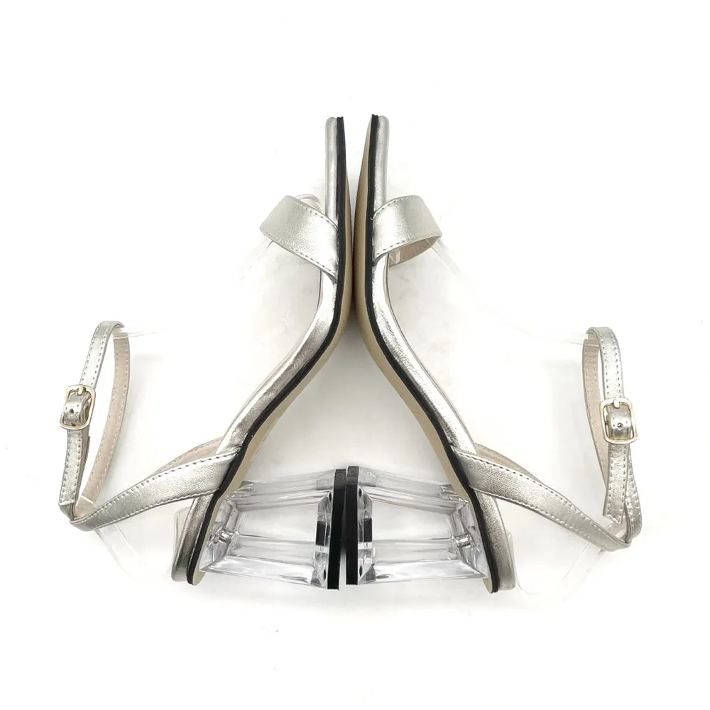 All Black Crystal Lady Sandal Size EU 37 | US 6.5 Platinum Leather Lucite Heel Silver - Image 6