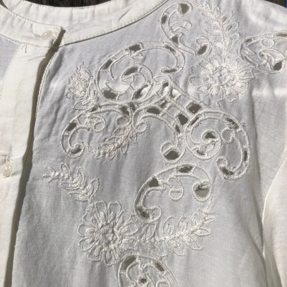 Zara White Embroidered Long Sleeved Loose Blouse S - Image 9