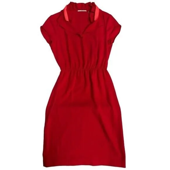 T Tahari Red & Coral Dress Belt Ruffled Collar V Neckline Size 6 - Image 8