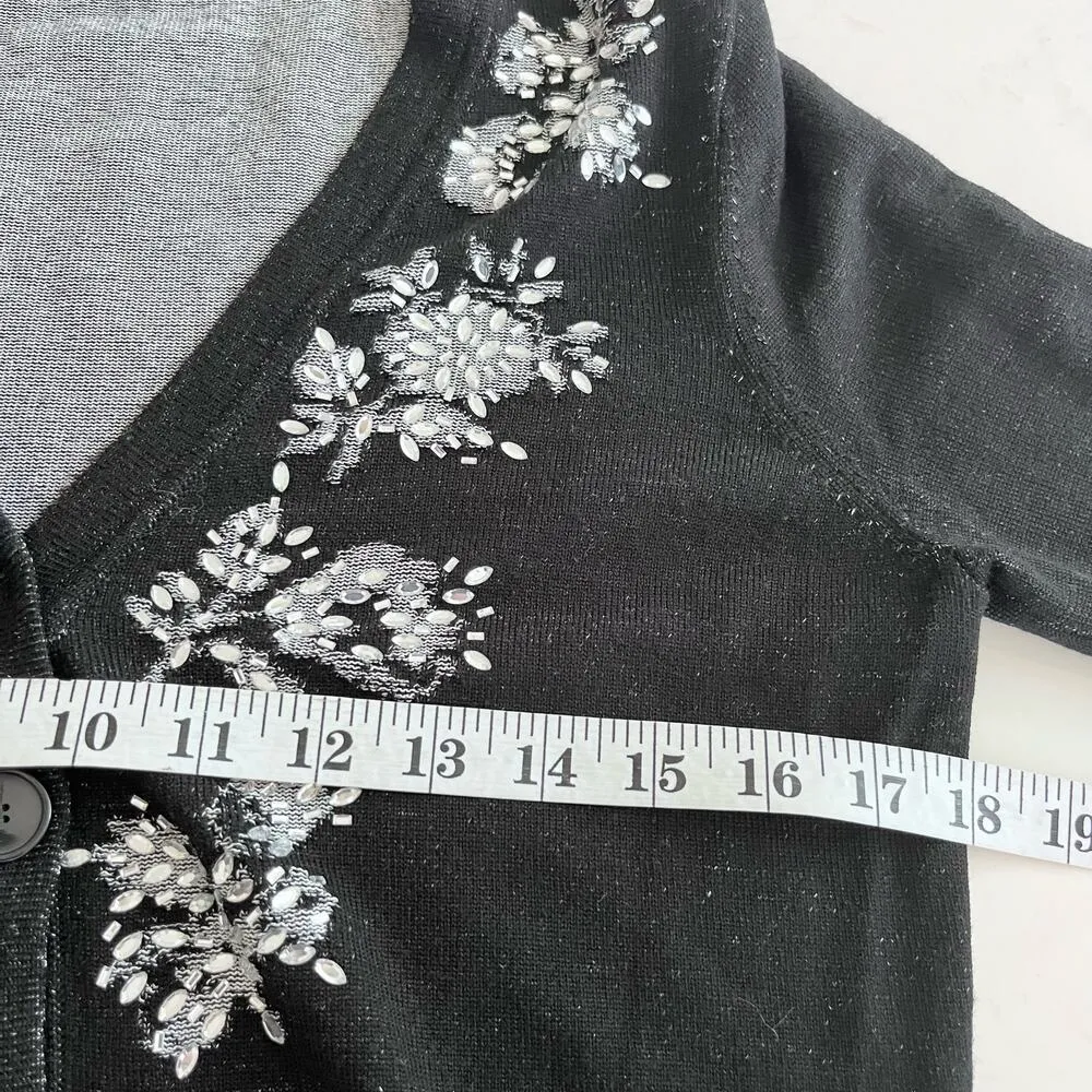 Diane von Furstenberg Black Merino Wool Floral V-Neck Button Cardigan Sweater M - Image 7